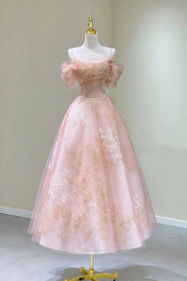 Wholesale Pink Tulle Lace Short A-Line Prom Dress Cute Off the Shoulder Party Dress